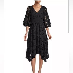 NWT Delfi Collective Dress Colette 3D Lace Handkerchief Midi in Black